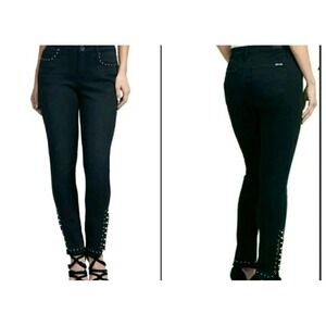 SEVEN7 Sz 8 Mid-Rise Skinny‎ Jeans Studded Embellished Raw Hem Black Denim